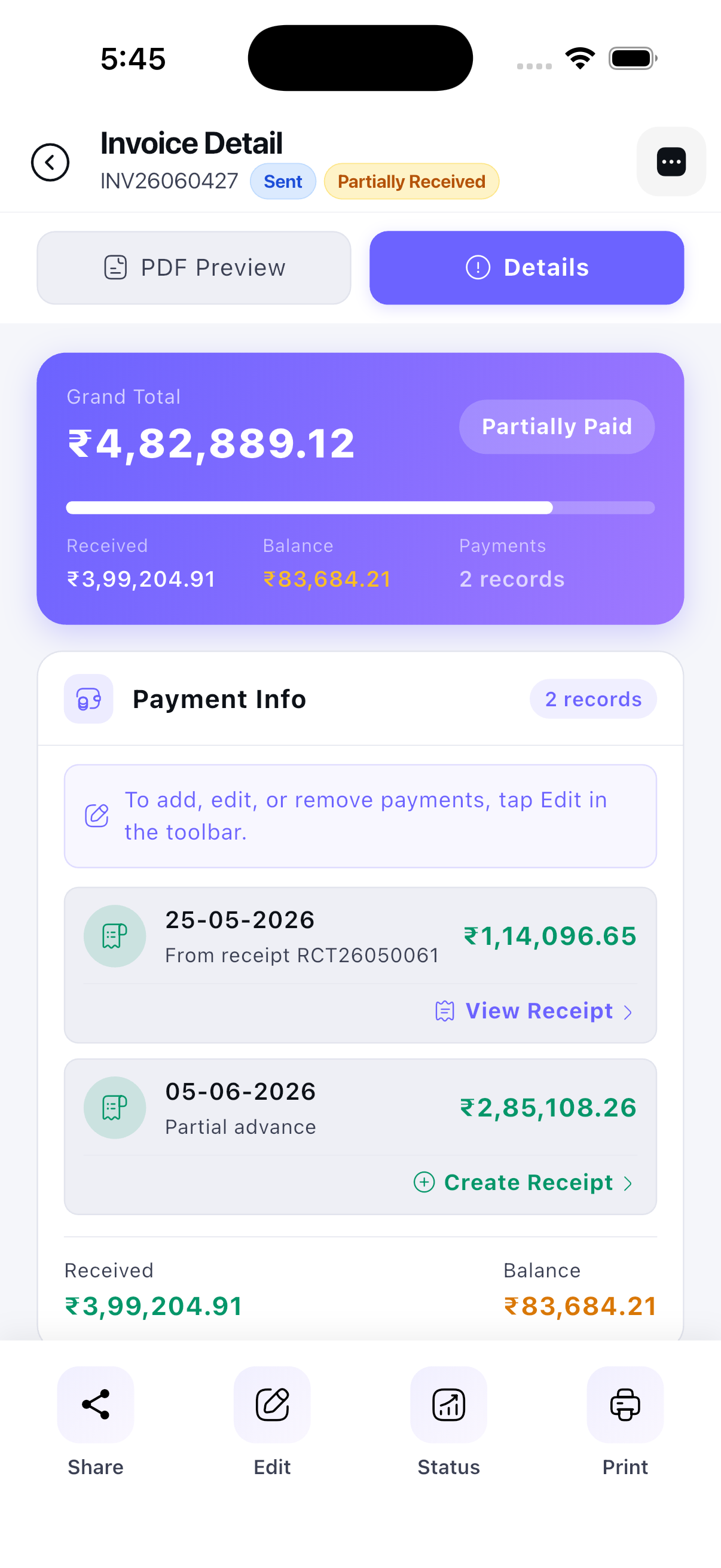 Quote2Go invoice builder screen