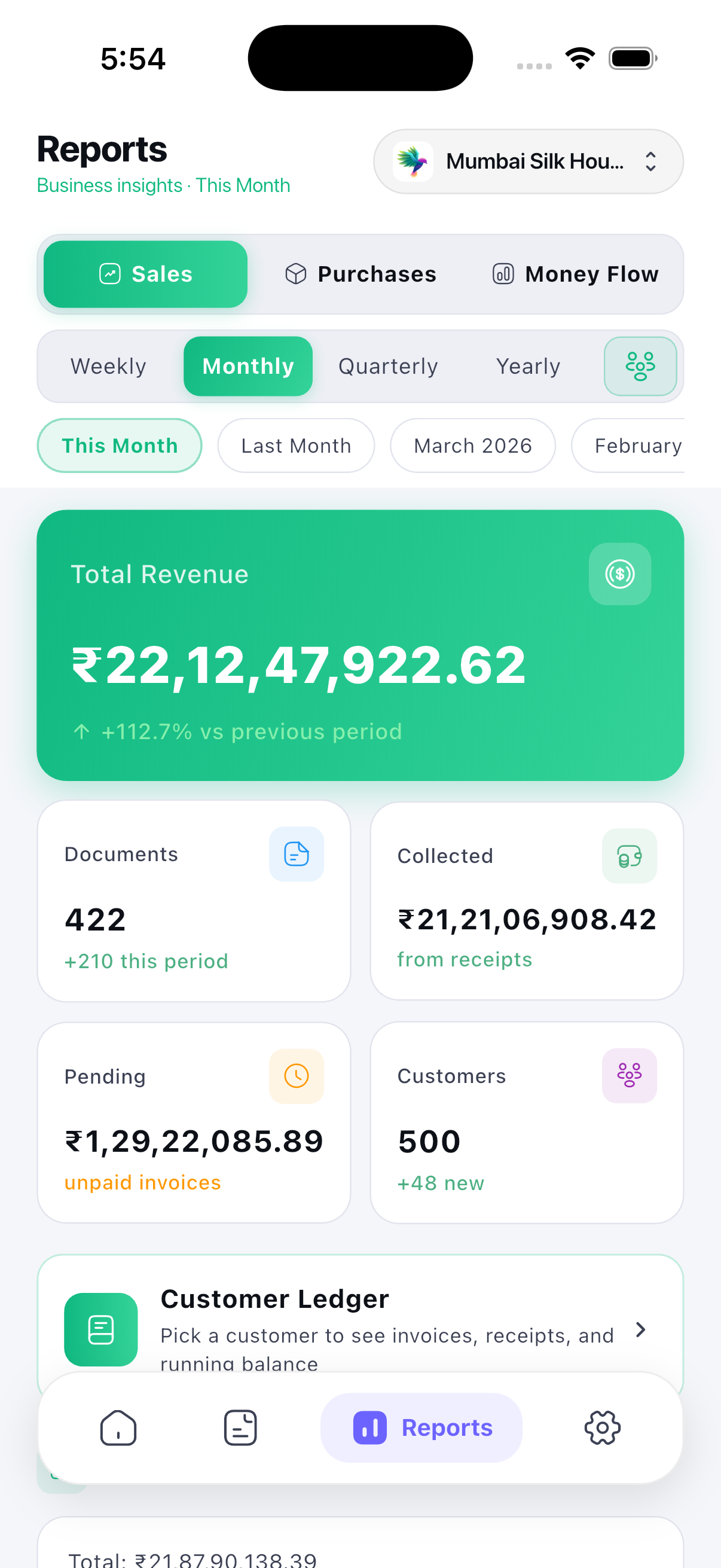 Quote2Go revenue analytics and reports screen